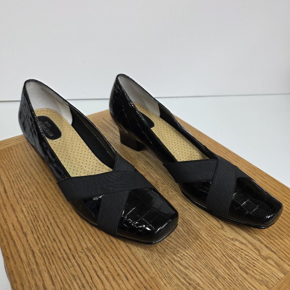 Ros Hommerson Shoes Womens Size 8.5N Black Croc Patent Leather Low Heel Comfort